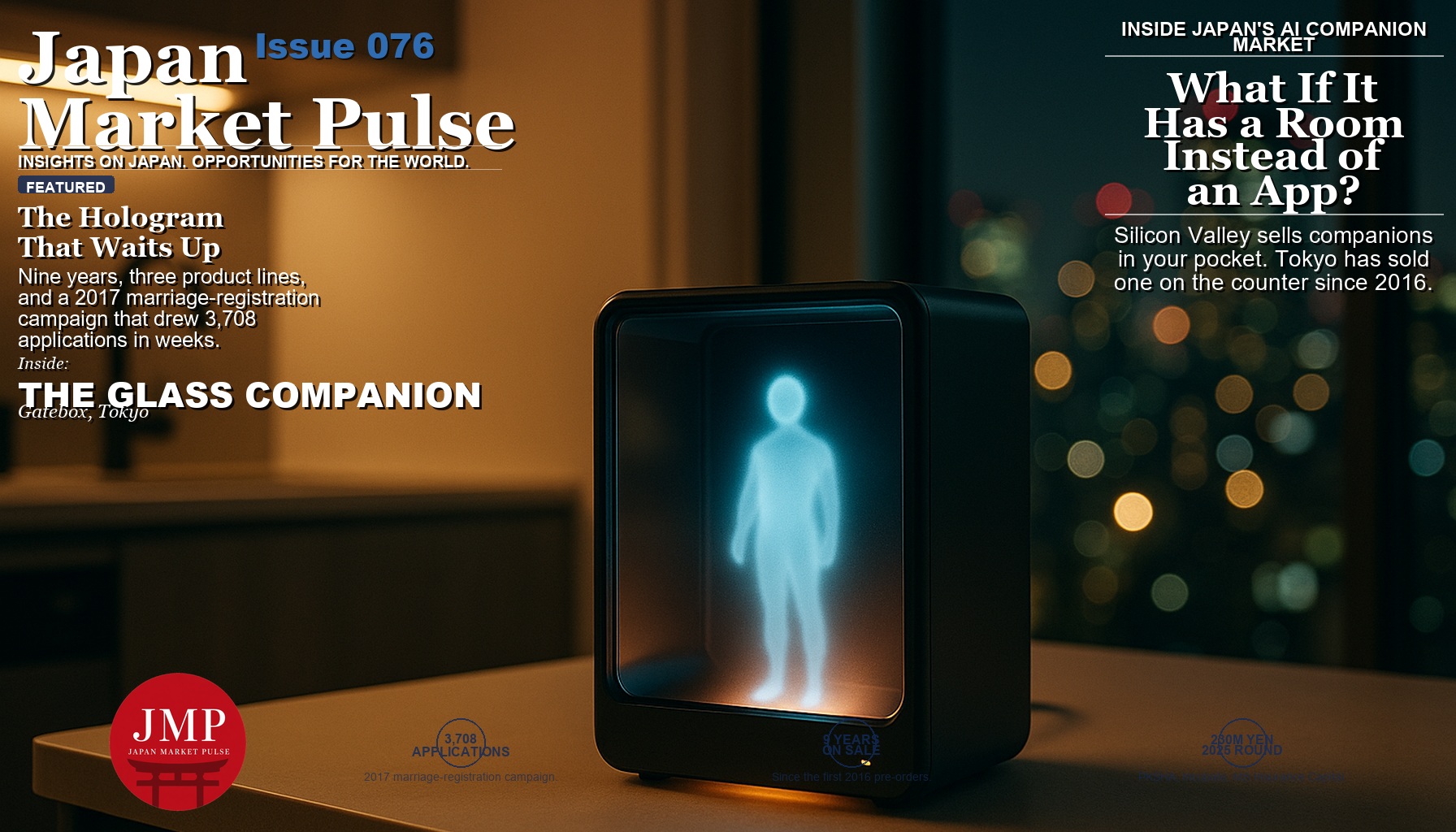 Magazine cover image of a compact glass-fronted tabletop hologram device glowing softly on a minimalist kitchen counter in a small Tokyo apartment at night, city lights blurred through the window, with Japan Market Pulse cover text overlaid.