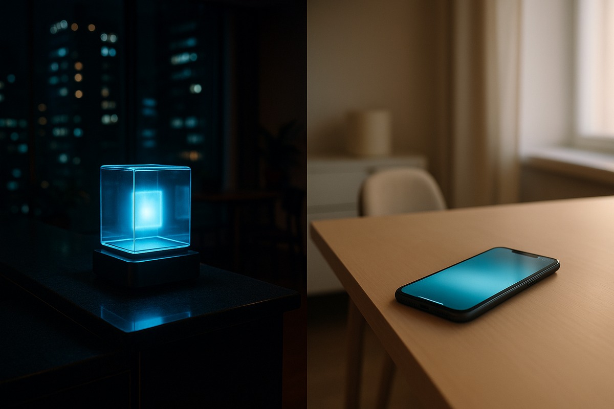 Split-composition photograph contrasting a compact glowing glass hologram device on a Tokyo apartment counter with a smartphone glowing softly on a minimalist desk in a brighter Western-style interior.