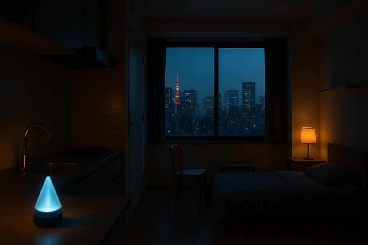 Wide interior photograph of a compact one-room Tokyo apartment at dusk with the city skyline through a large window and a small glowing hologram device on the kitchen counter in the foreground.
