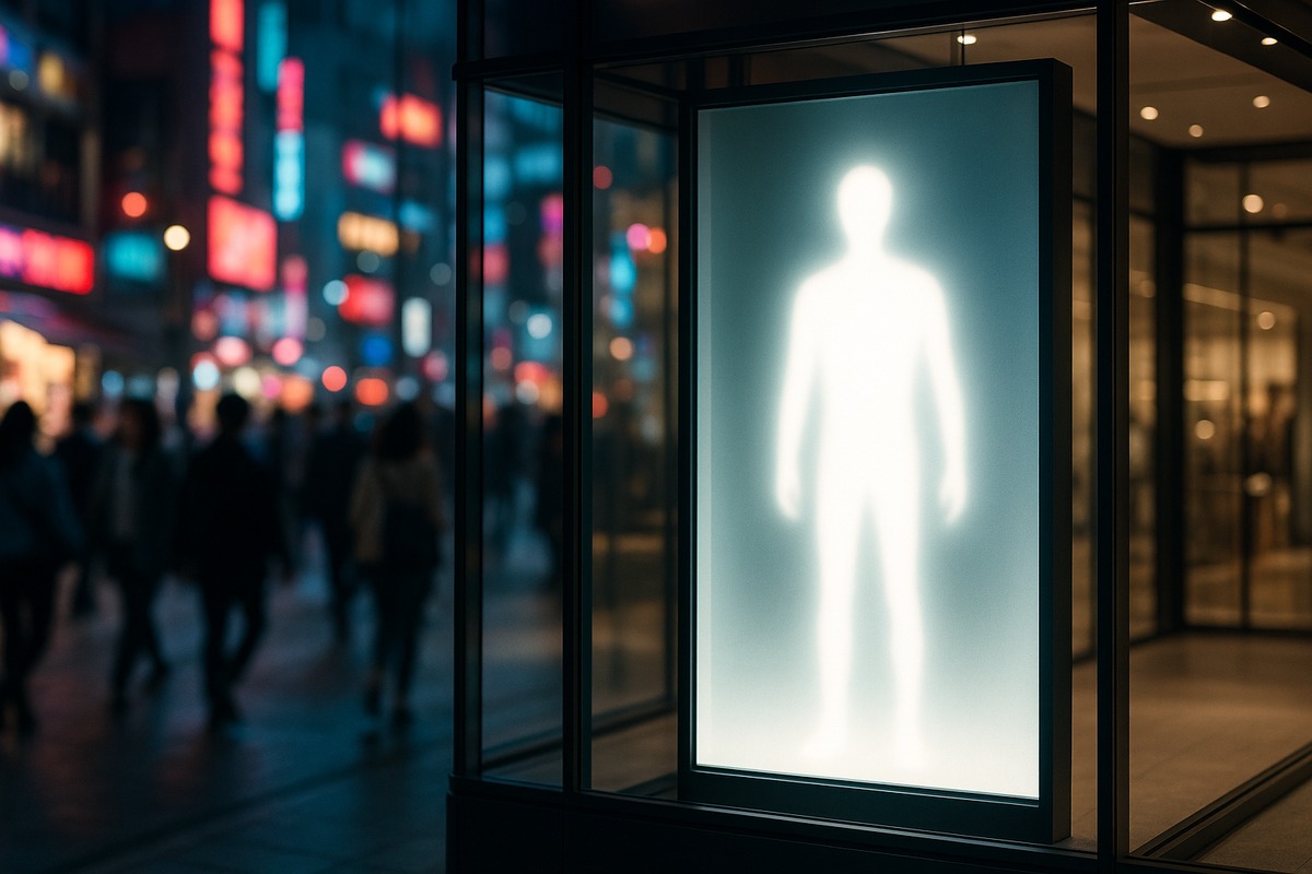 Night-time retail storefront with a large-format glowing vertical display panel showing an abstract humanoid light silhouette, pedestrians blurred in motion in a busy Tokyo shopping district behind it.