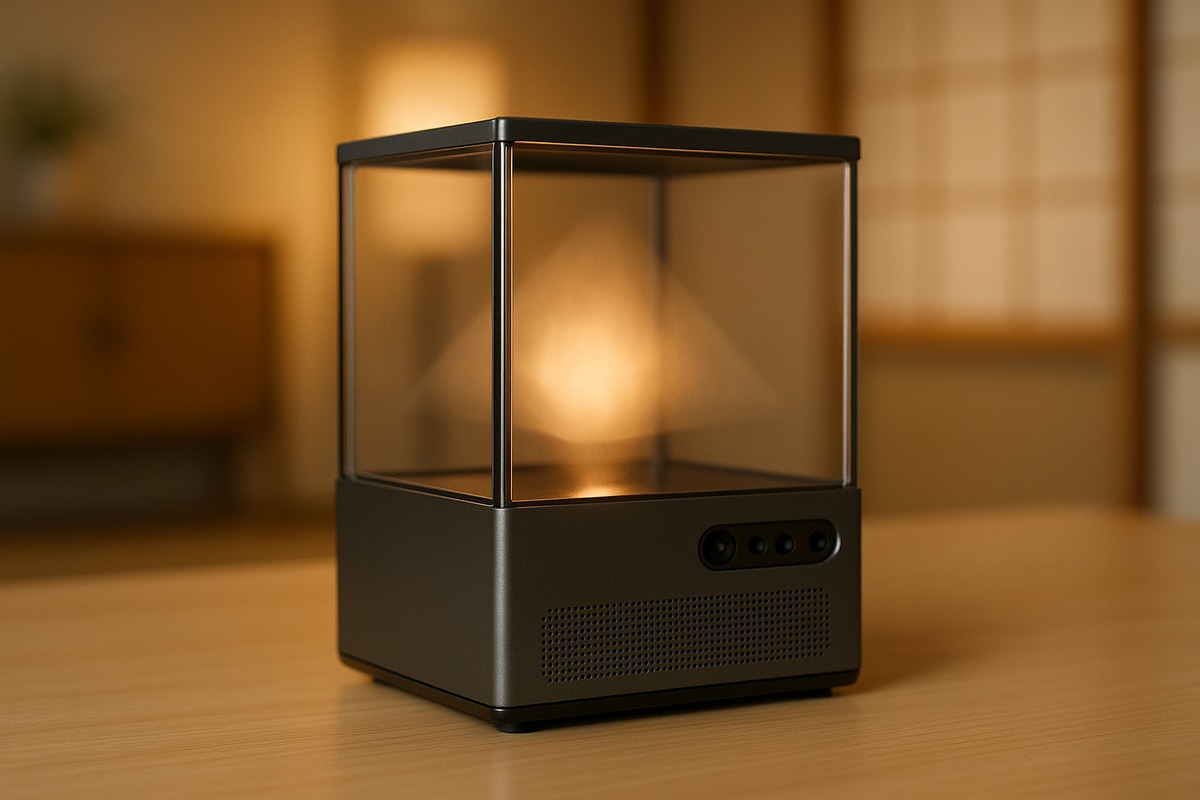 Close-up product photograph of a small glass-and-metal tabletop hologram projector unit on a clean desk, warm light glowing from inside the glass panel, sensor array and speaker grille visible on the casing.