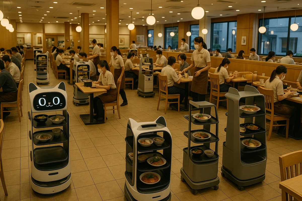 Several wheeled serving robots with cat-like display faces lined up beside a restaurant kitchen pass, trays loaded with plates, staff working in the background.