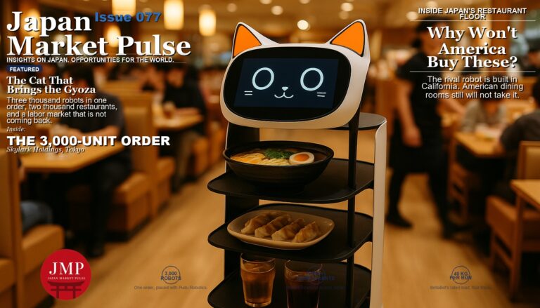 Magazine cover image of a cat-faced serving robot carrying trays of food between tables in a bright Japanese family restaurant, with Japan Market Pulse cover text overlaid.