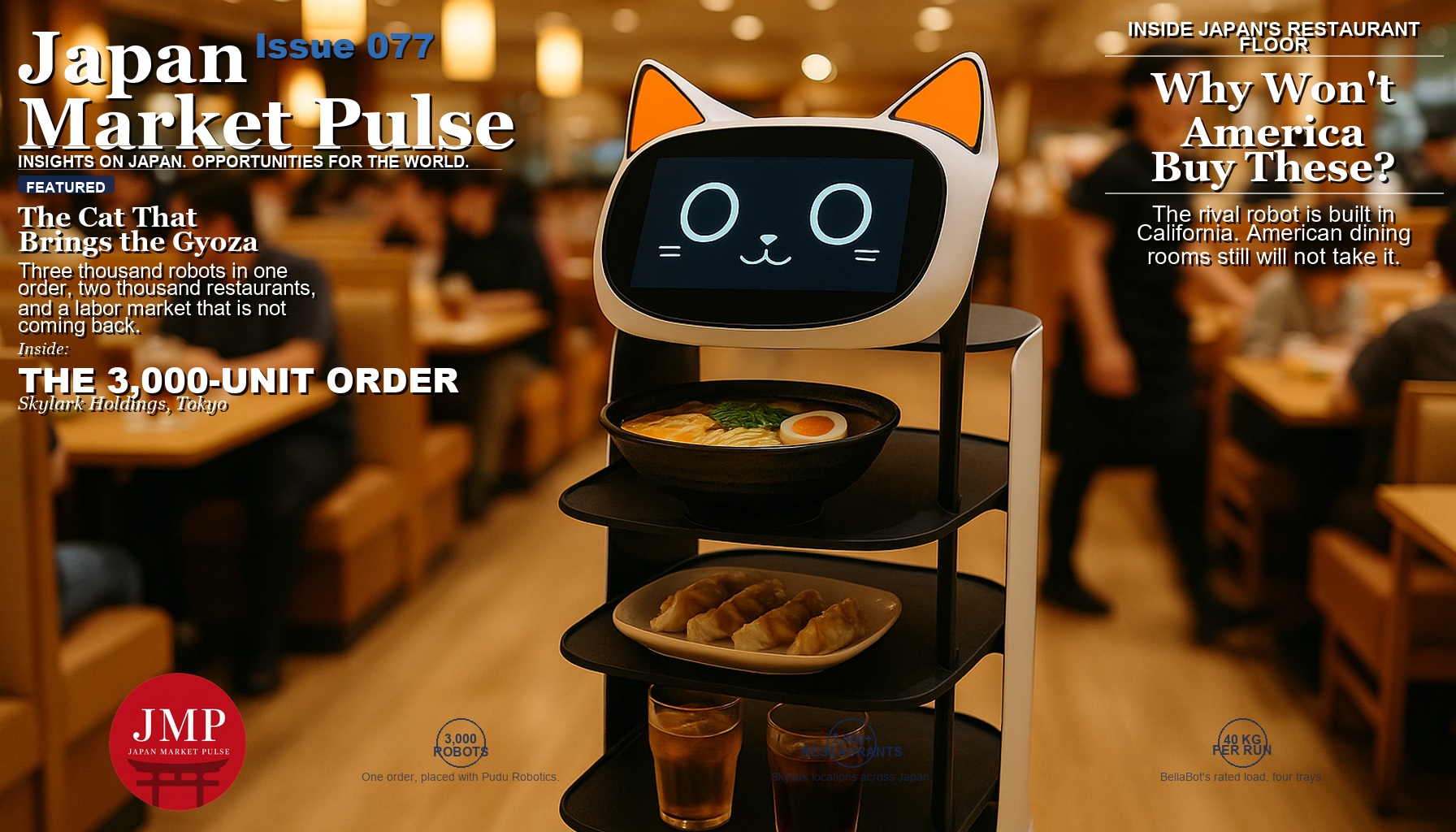 Magazine cover image of a cat-faced serving robot carrying trays of food between tables in a bright Japanese family restaurant, with Japan Market Pulse cover text overlaid.