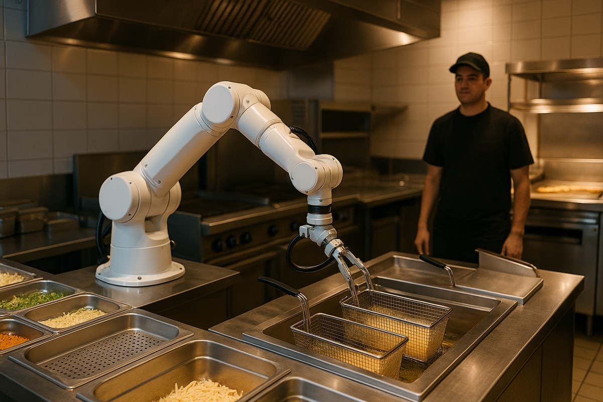 Back-of-house restaurant kitchen with automated fry and assembly equipment running beside human cooks, stainless steel surfaces and warm service lighting.