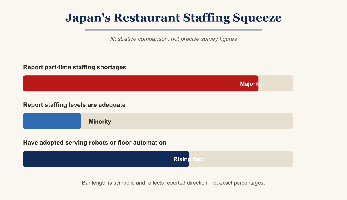 Bar chart titled Japan’s Restaurant Staffing Squeeze, comparing the share of operators reporting part-time staffing shortages against those reporting adequate staffing and those adopting floor automation.