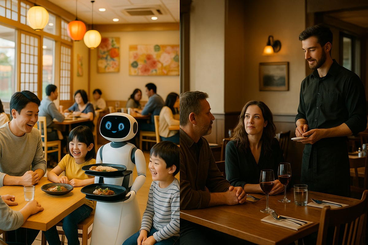Split-composition photograph contrasting a Japanese family restaurant dining room with a serving robot moving between tables and an American full-service dining room where human servers carry the trays.