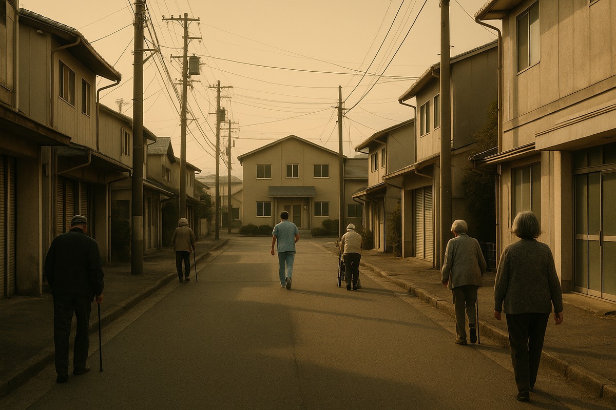 Quiet Japanese residential street in a smaller regional city at golden hour, mostly older pedestrians and a few shuttered storefronts, with a caregiver in scrubs walking toward a modest care facility building.