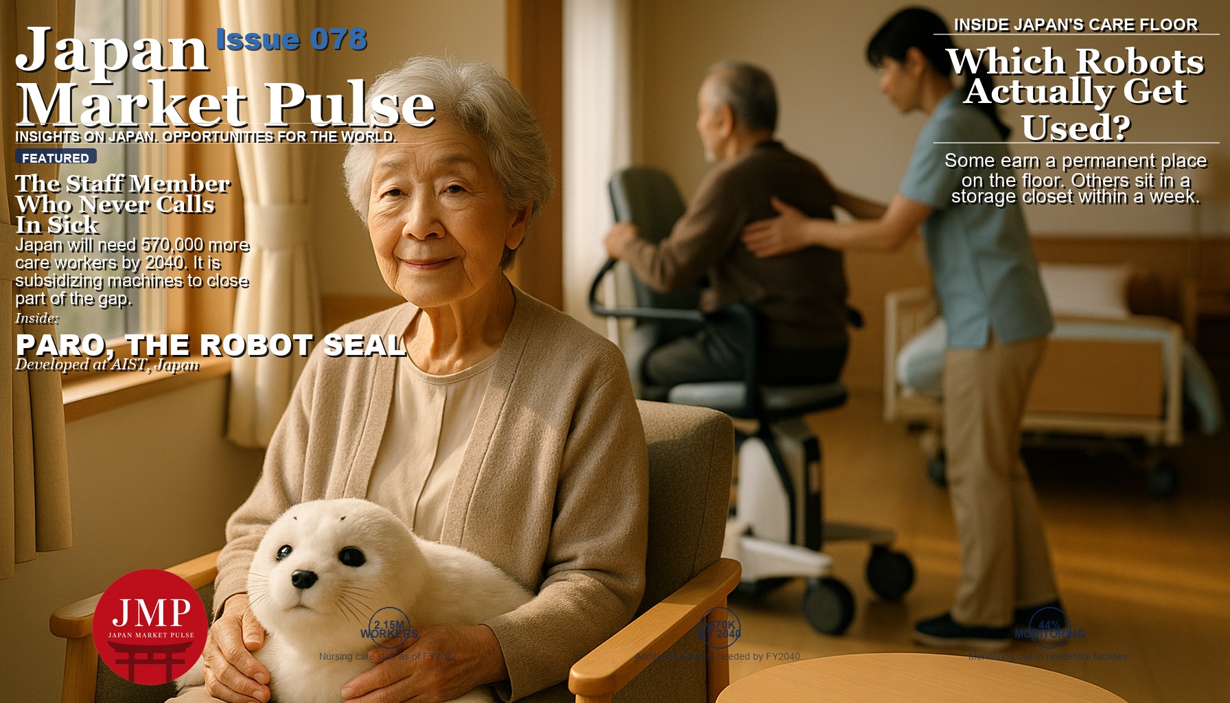 Magazine cover image of an elderly Japanese woman seated by a sunlit window in a care facility common room, holding a small white robotic seal on her lap, with Japan Market Pulse cover text overlaid.