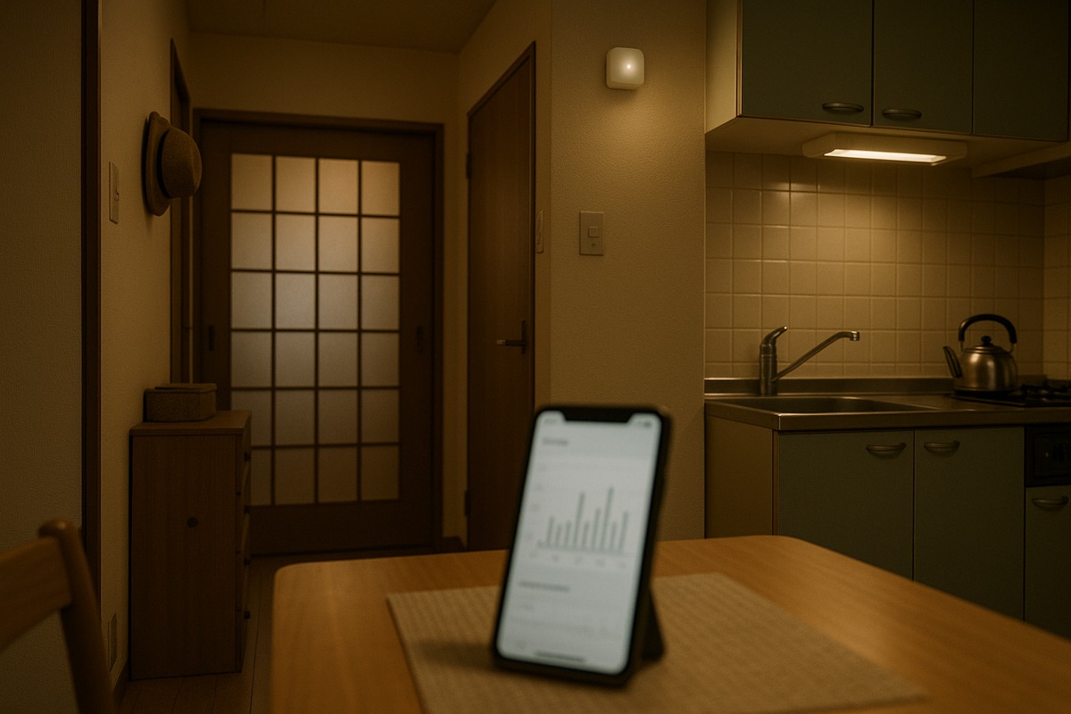 Interior of a small tidy Japanese apartment where a discreet white sensor is mounted near the ceiling, with a smartphone on the kitchen table in the foreground showing a simple activity-monitoring graph.