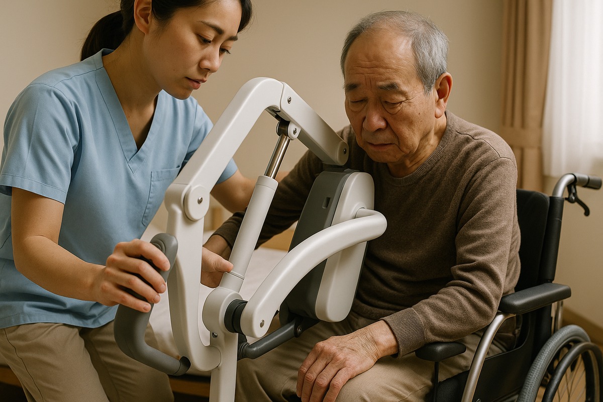 Close-up inside a Japanese care facility of a caregiver in light blue scrubs operating a compact white transfer device that supports an elderly resident moving from bed to a wheelchair-style seat.