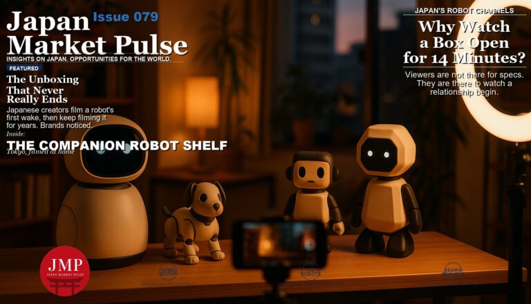 Magazine cover image of a warmly lit Japanese apartment shelf holding several small companion robots, with a camera on a tripod pointed at them and Japan Market Pulse cover text overlaid.