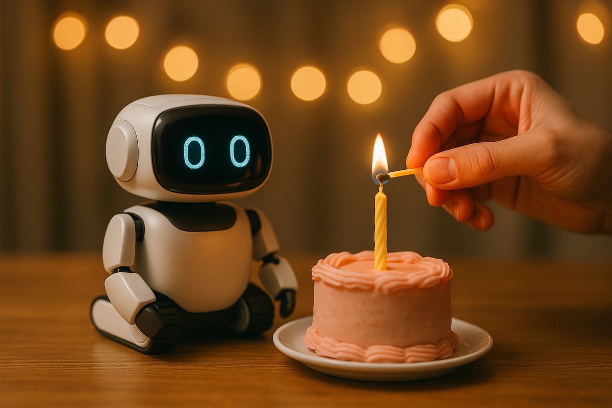A small birthday cake with a single candle placed on a table next to a desktop companion robot, with a hand reaching in to light the candle under warm string lights.