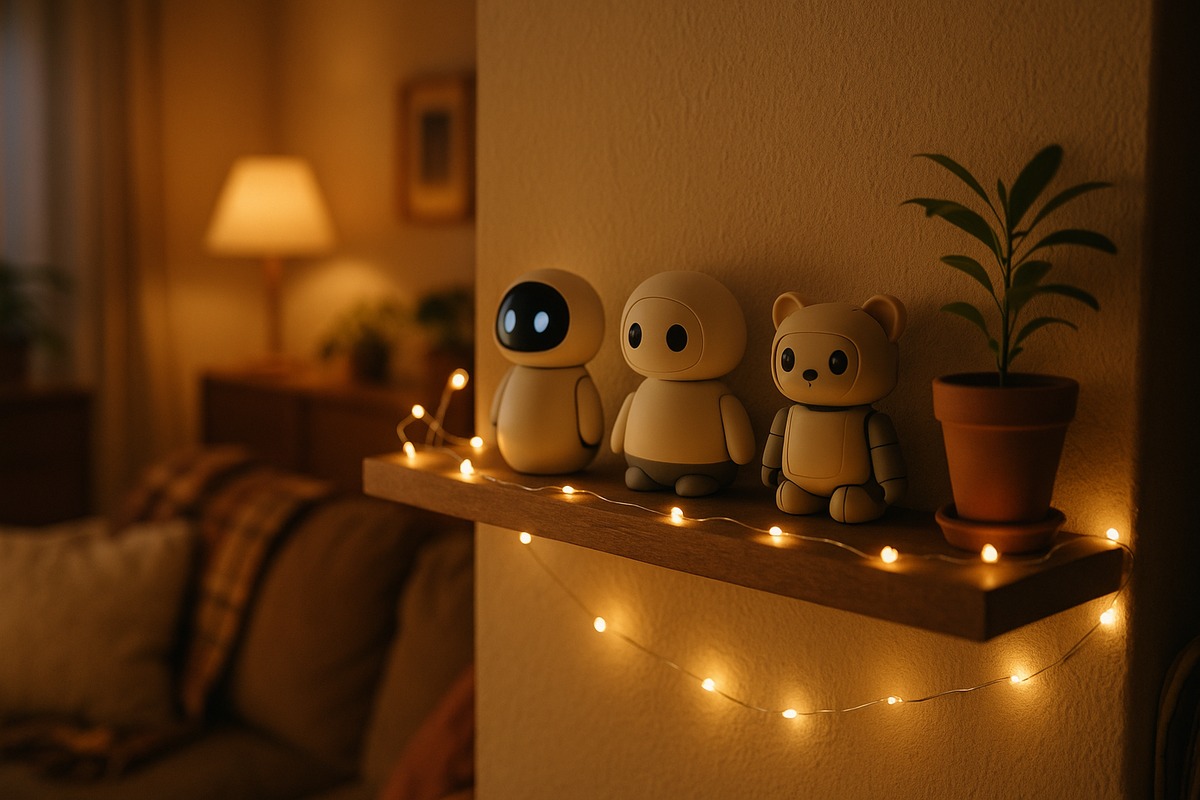A cozy Japanese living room shelf displaying three small companion robots of different shapes alongside a potted plant and string lights in warm evening lighting.