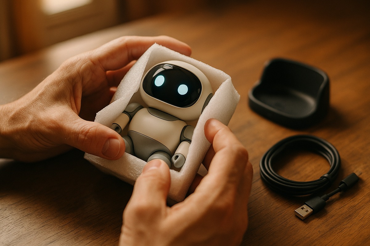 Close-up of hands lifting a small companion robot out of foam packaging on a wooden desk, with the charging dock and cables laid out neatly beside it in soft window light.