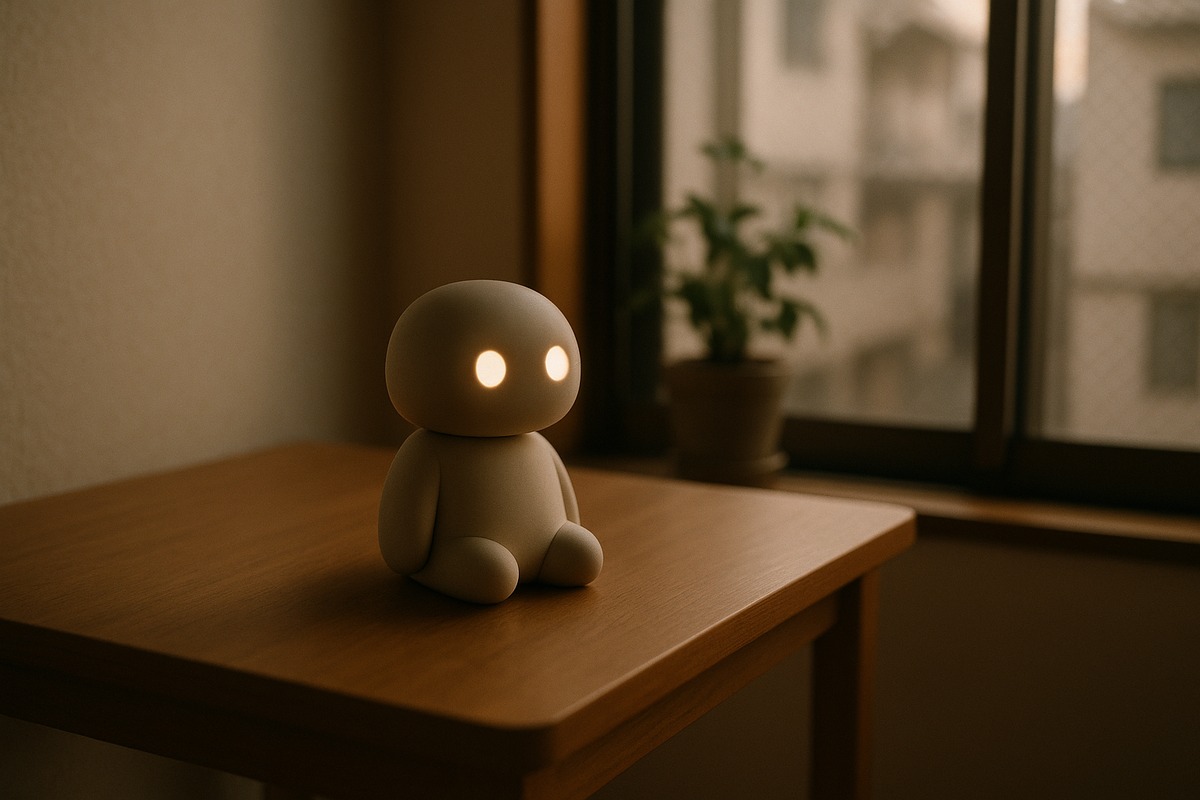 A small tabletop companion robot with soft glowing eyes sitting alone on a minimalist wooden table beside a window in a Japanese apartment in late afternoon light.