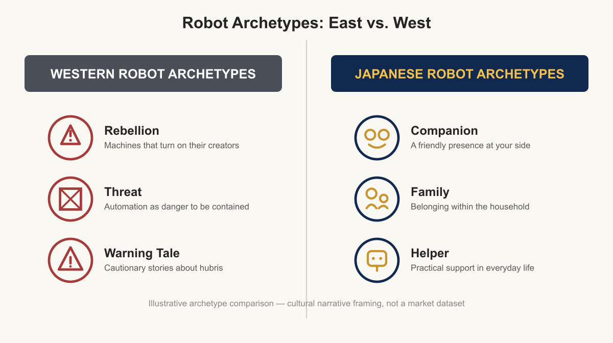 Split-panel comparison chart contrasting Western robot archetypes labelled rebellion, threat and warning tale against Japanese robot archetypes labelled companion, family and helper.