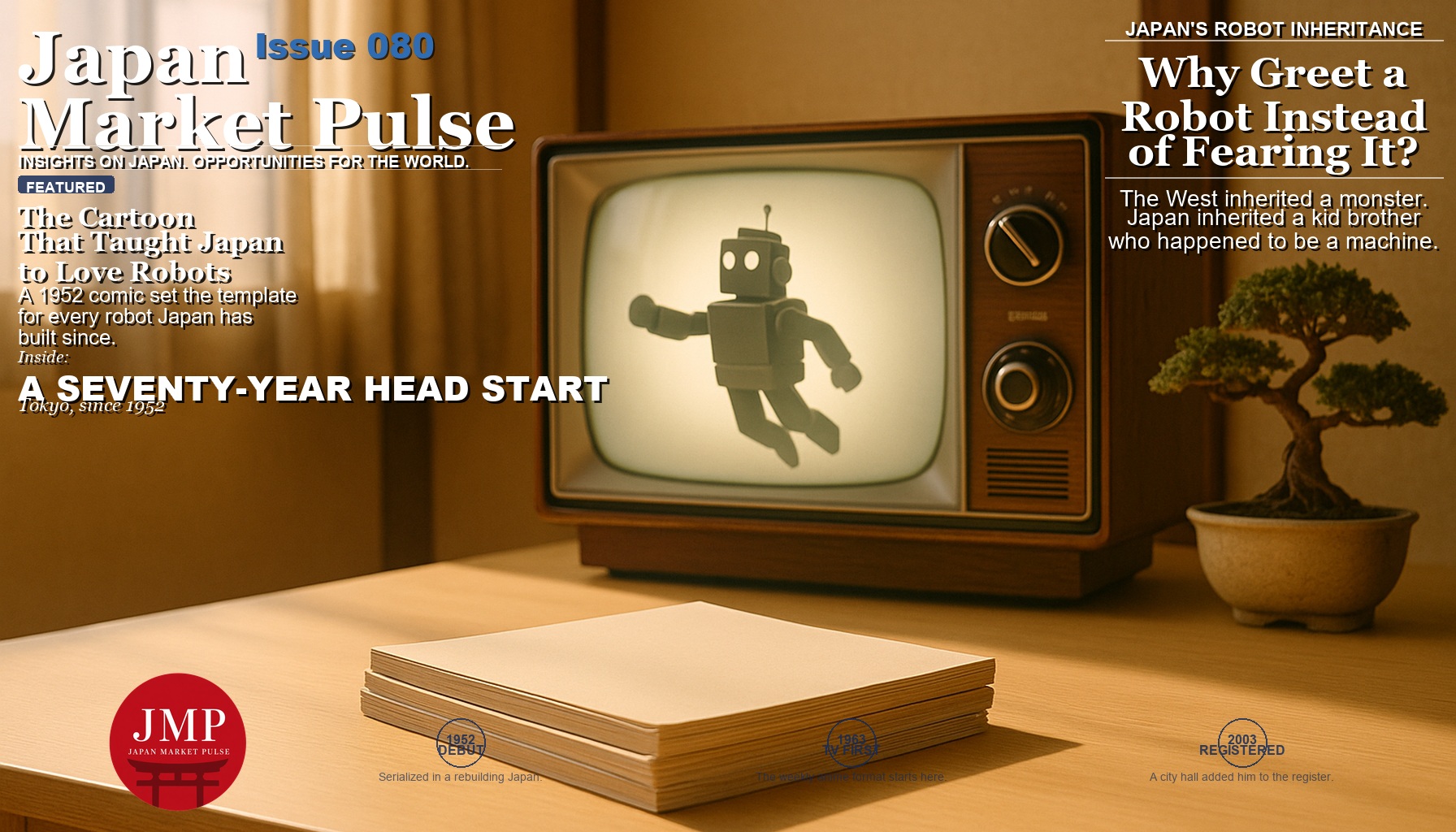 Magazine cover image of a vintage wood-cased cathode-ray-tube television on a sunlit wooden table in a Japanese living room, its screen showing the silhouette of a simple boxy tin-toy robot in flight, with Japan Market Pulse cover text overlaid.