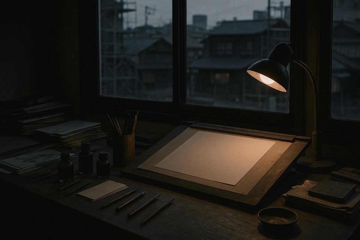 A cluttered mid-century Japanese artist’s desk with ink pens, blank sketch paper and a bare incandescent lamp, with a rebuilding low-rise cityscape visible out of focus through the window at dusk.
