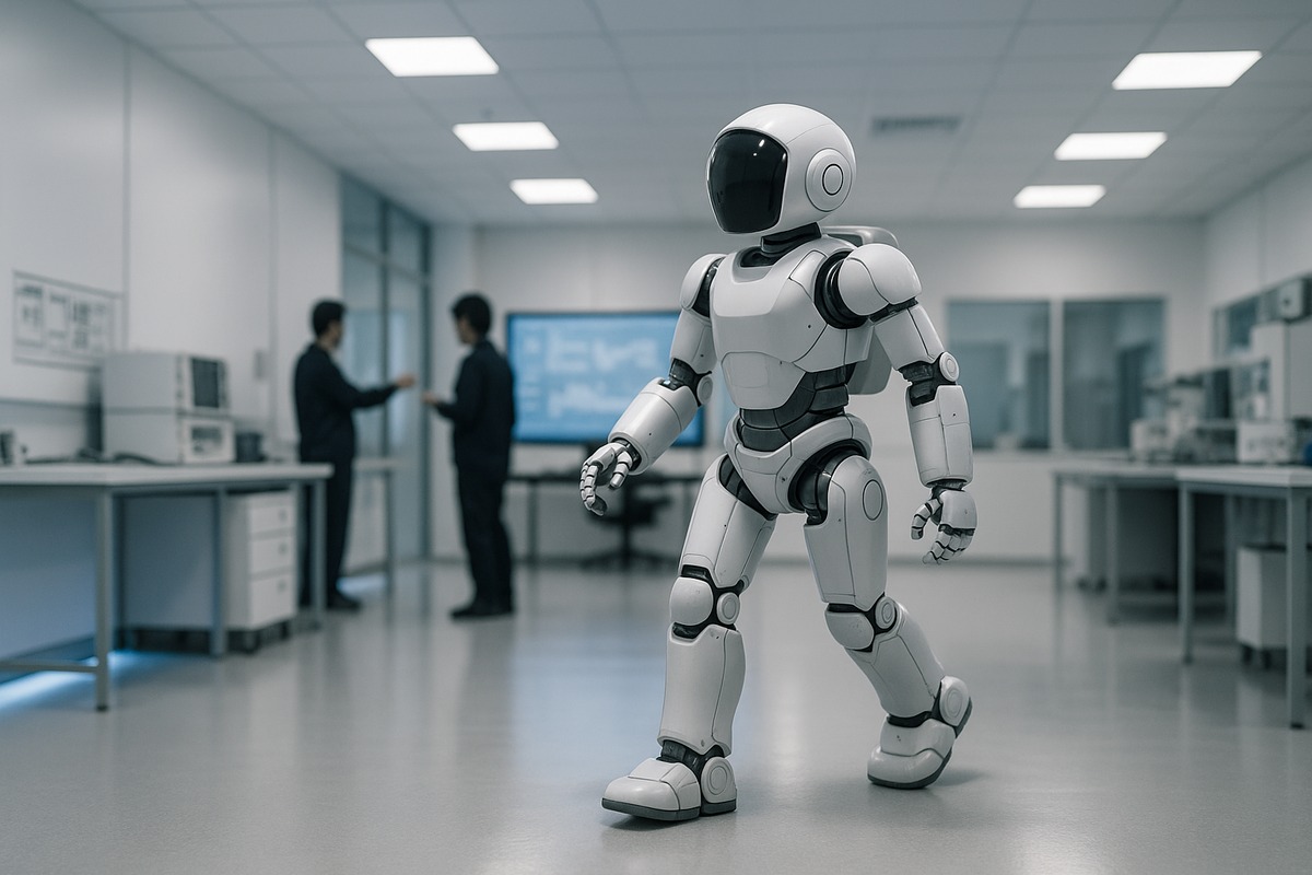 A generic white-and-silver bipedal humanoid robot standing mid-stride in a brightly lit modern robotics laboratory, with blurred engineers reviewing a monitor in the background.
