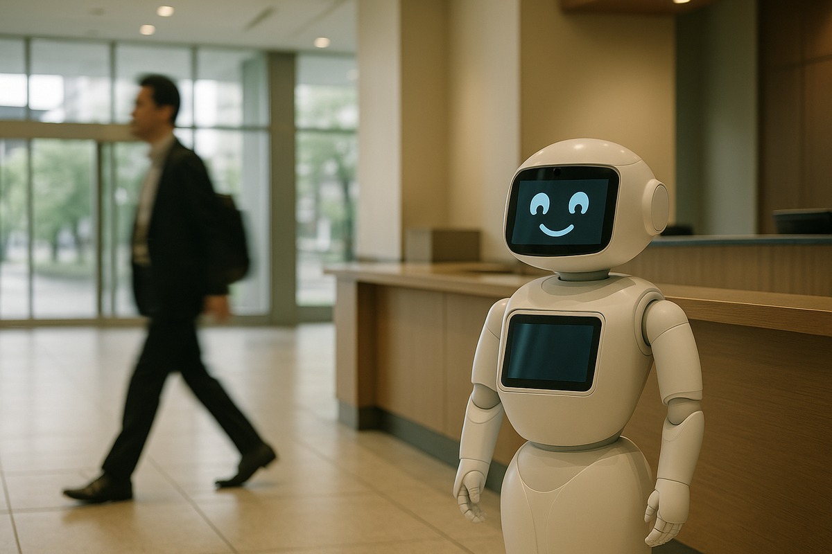 A rounded white service robot with a smiling icon on its tablet-style display face standing near a reception counter in a daylit Japanese station concourse, with a blurred passer-by in the background.