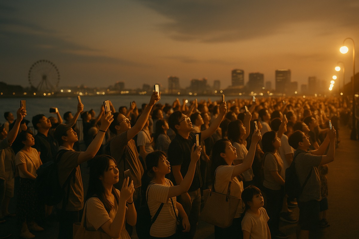 A dense evening crowd on a waterfront promenade looking up and raising phones toward a towering mecha statue off-frame, warm floodlight glow washing over families and couples.
