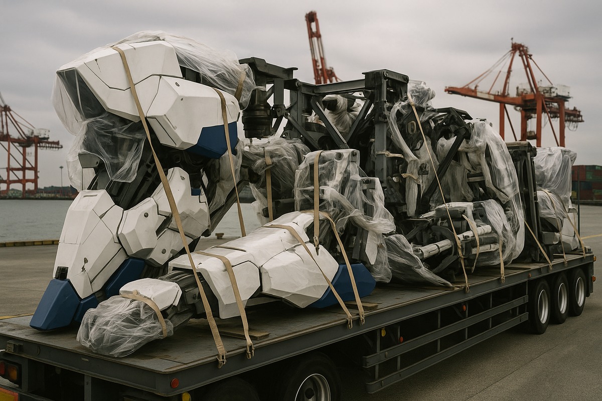Large white-and-blue armor panels and steel structural components from a dismantled giant mecha statue, wrapped and secured on a flatbed industrial transport truck at a dockside loading area, cranes and shipping containers in the background.