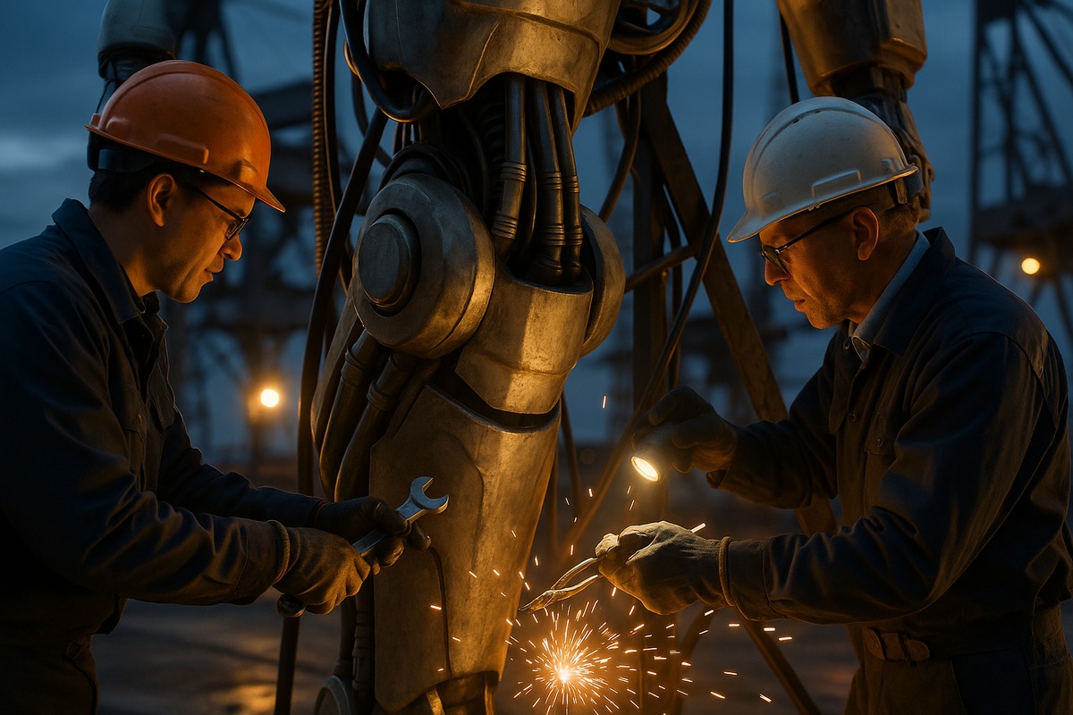 Engineers in work uniforms and hard hats inspecting the mechanical knee joint of a giant humanoid statue, steel support beams and work lights visible in an industrial dockyard at dusk.