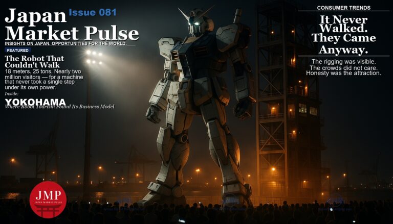 Magazine-style cover photo of a towering humanoid mecha statue floodlit in an industrial dockyard at night, with a crowd of visitors below and Japan Market Pulse cover text overlaid.