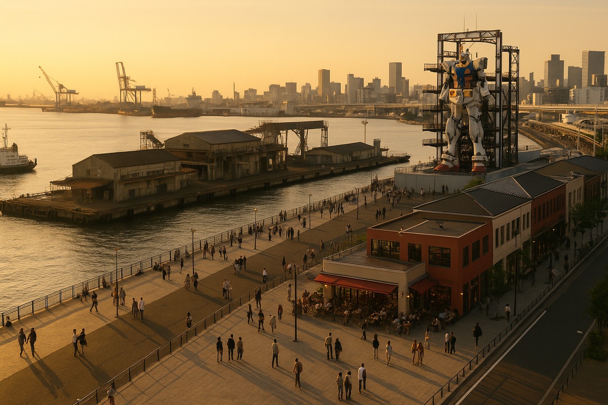 Elevated view of a Japanese harbor-city waterfront district at golden hour, showing industrial pier infrastructure, a modern promenade with pedestrians and cafes, and a distant towering mecha structure on the pier.