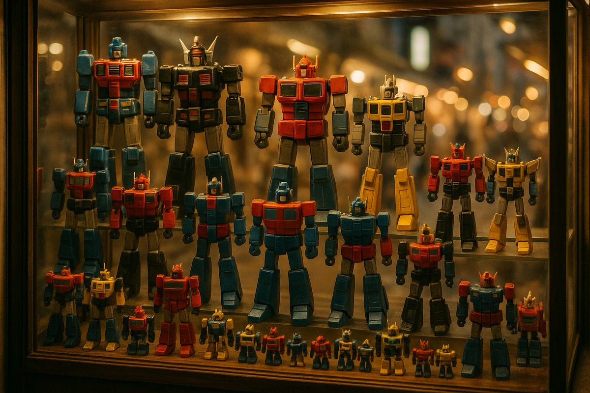 A warmly lit Tokyo hobby-shop glass display case filled with rows of vintage and modern die-cast transforming robot toys, soft reflections on the glass and a blurred shopping street visible through a window behind.
