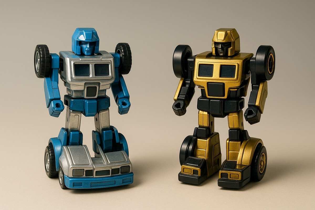 Two vintage 1980s die-cast transforming robot toys of similar scale in contrasting silver-and-blue and gold-and-black color schemes, shown side by side mid-transformation on a plain gradient studio background as a product comparison.