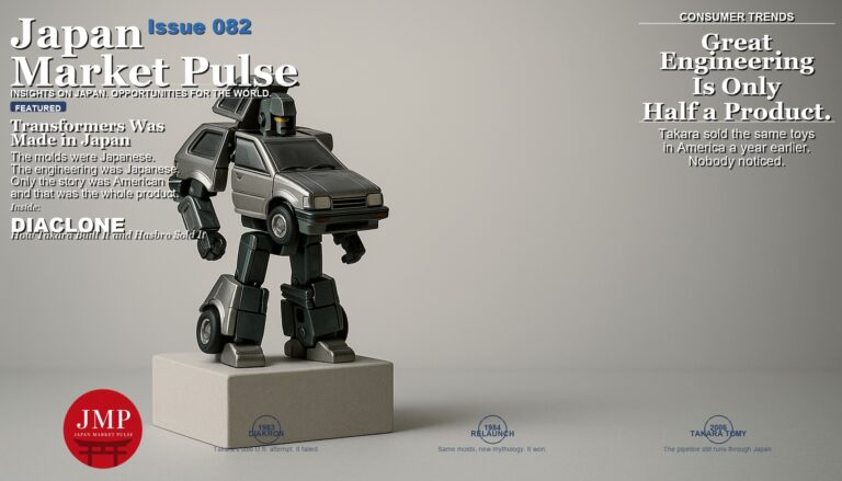 Magazine-style cover photo of a vintage die-cast transforming robot toy caught mid-transformation between car and humanoid form under dramatic studio light, with Japan Market Pulse cover text overlaid.