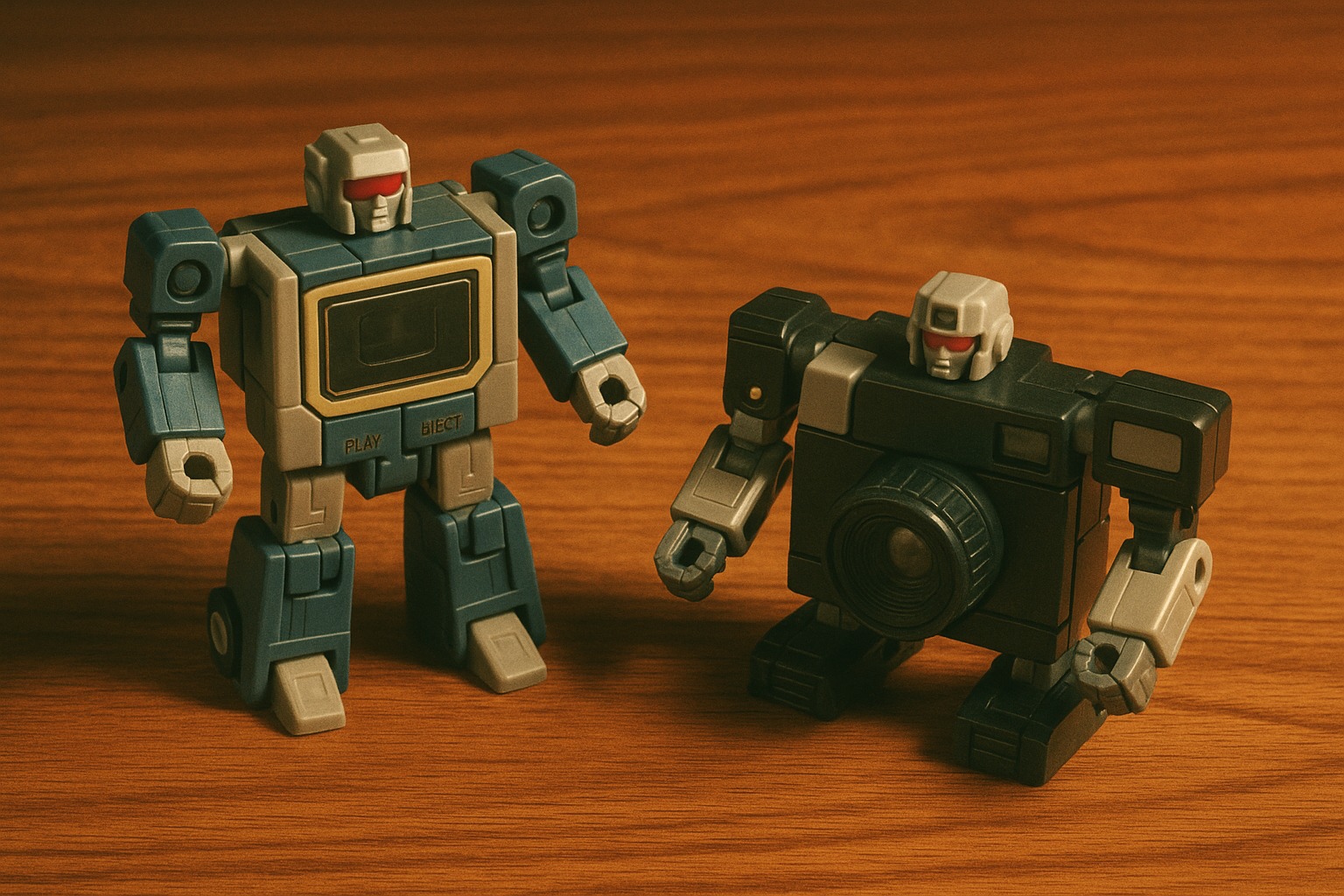 Vintage-style still life of small 1980s toy robots mid-transformation out of ordinary handheld electronics — a cassette player and a compact camera — with robotic limbs and joints emerging from their casings on a retro wood-grain desk.