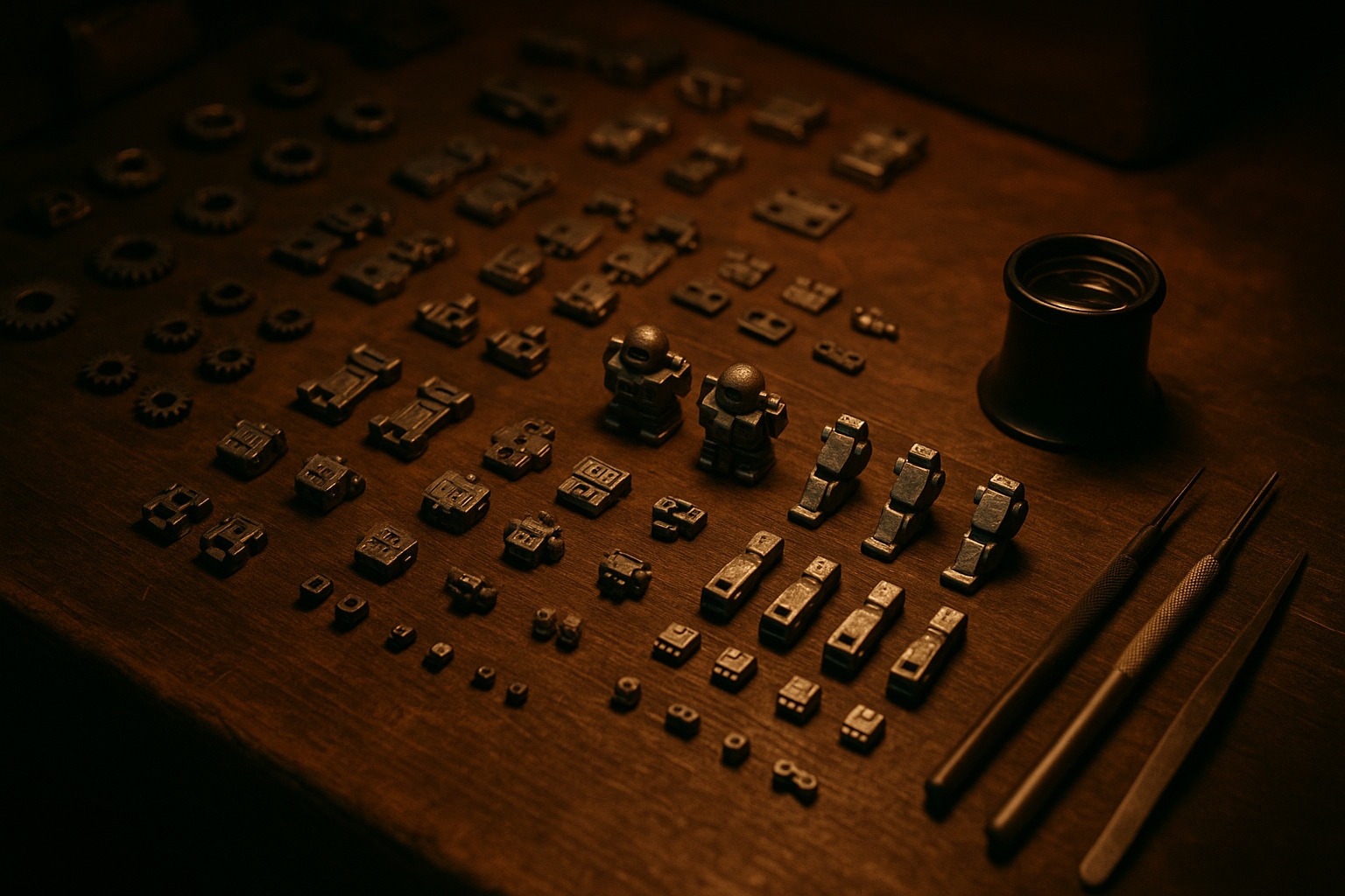 A 1970s-era Japanese toy factory workbench under warm workshop light, with small die-cast robot parts, gears, hinges and unpainted metal limbs laid out in neat rows beside precision tools and a jeweler’s loupe.