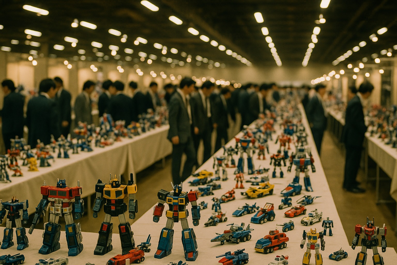 A bustling 1980s-style Japanese trade-show hall with rows of display tables of transforming die-cast robot toys under exhibition lighting, blurred attendees in business suits examining the displays.