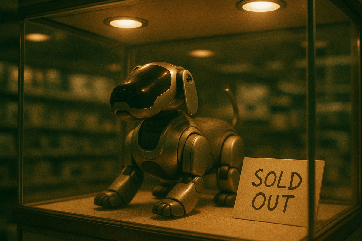 A late-1990s Japanese electronics showroom display case lit by warm halogen spotlights, holding a small silver robotic dog behind glass with a handwritten SOLD OUT card propped in the corner.