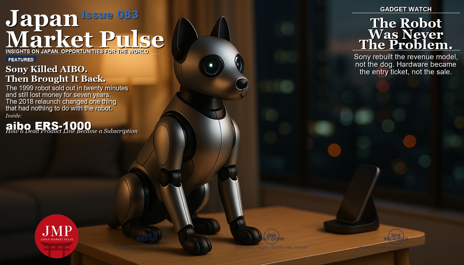 Magazine-style cover photo of a sleek silver-and-black robotic companion dog sitting on a wooden side table in a softly lit contemporary Tokyo living room at dusk, with Japan Market Pulse cover text overlaid.