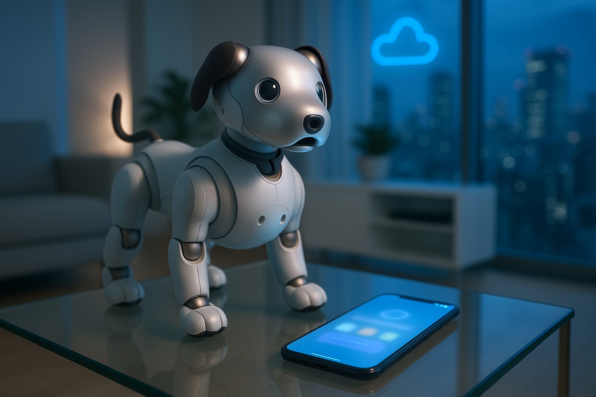A sleek robotic companion dog standing on a glass table beside a glowing smartphone app screen in a clean contemporary Tokyo apartment, soft blue accent lighting suggesting cloud connectivity.