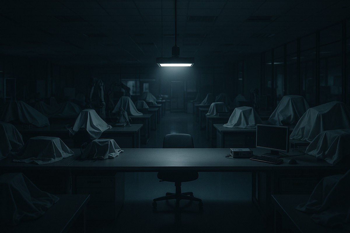 An empty, dimly lit corporate research lab with rows of dark workbenches and unplugged robotic components loosely covered in cloth, a single overhead light on one cleared desk, in cool blue-grey tones.