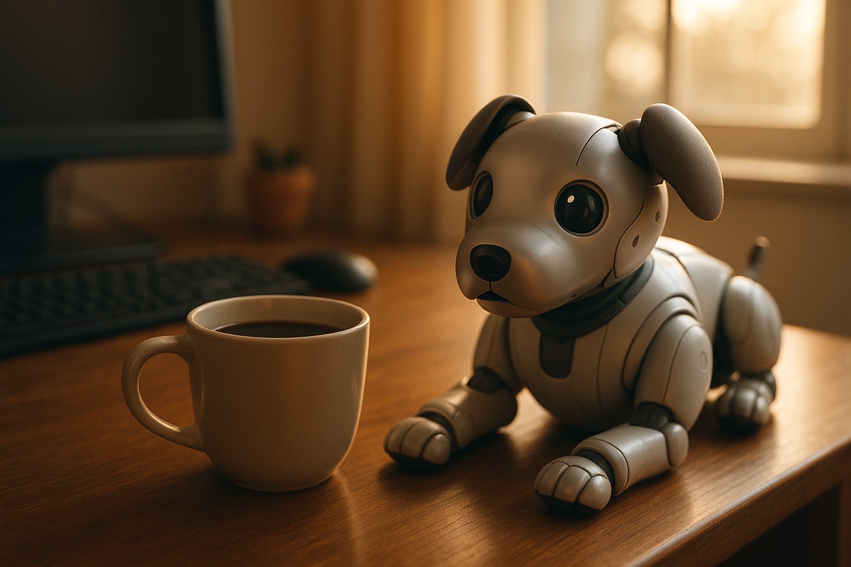 A small robotic companion dog resting beside a cup of coffee on a home office desk in soft morning light through a window, suggesting daily routine and attachment.