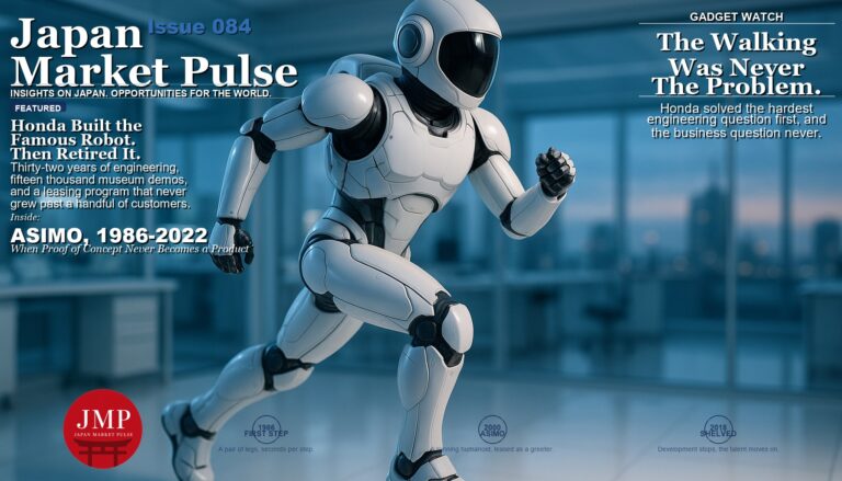 Magazine-style cover photo of a sleek white humanoid robot in an astronaut-like suit caught mid-run inside a bright research laboratory at dusk, with Japan Market Pulse cover text overlaid.