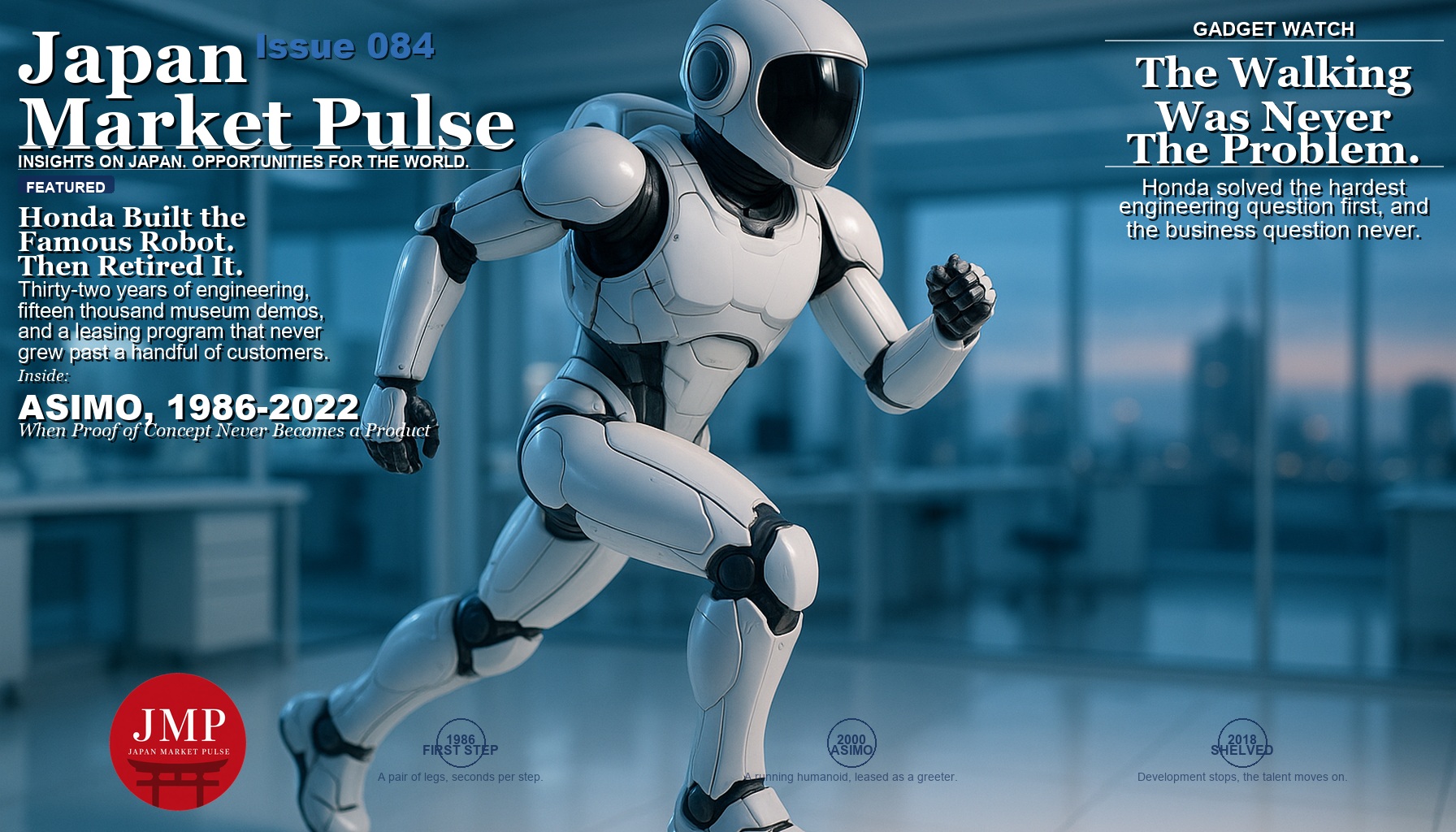 Magazine-style cover photo of a sleek white humanoid robot in an astronaut-like suit caught mid-run inside a bright research laboratory at dusk, with Japan Market Pulse cover text overlaid.