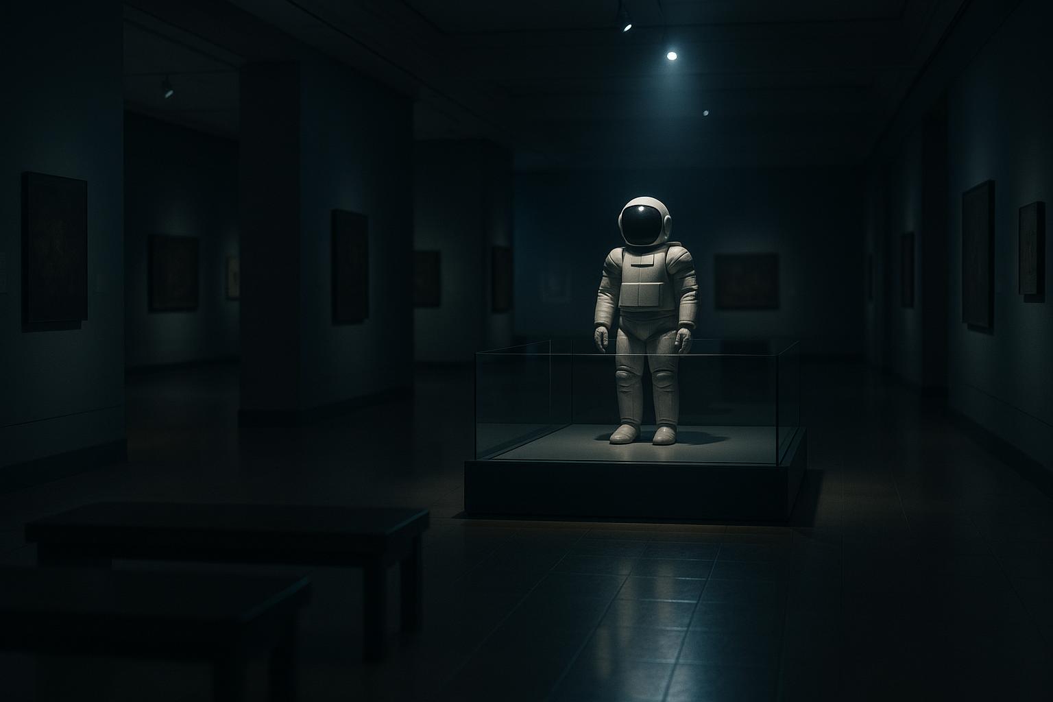 A small white humanoid robot standing motionless on a raised display platform behind a low glass barrier in a quiet museum exhibition hall at closing time, empty visitor benches in the foreground.