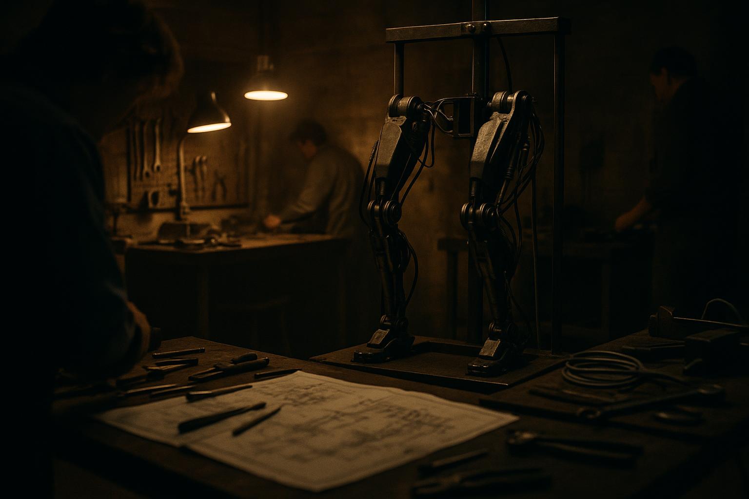 A dimly lit late-1980s research workshop with a partially assembled pair of mechanical robot legs mounted on a metal test rig, exposed wiring and hydraulic joints, tools and blueprints on a nearby workbench.