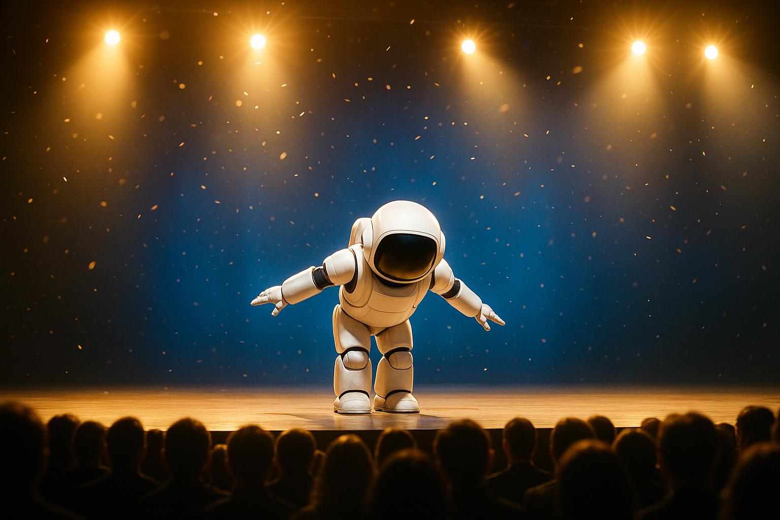 A small white humanoid robot standing center stage mid-bow under warm spotlights, facing a packed auditorium audience silhouetted in the foreground.