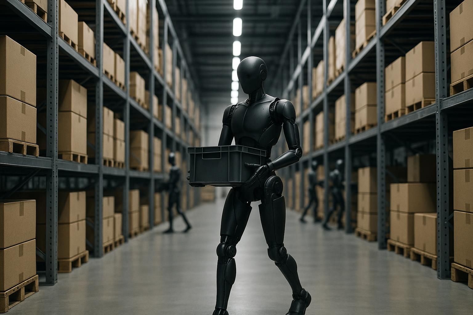 A lean matte-black humanoid robot with exposed mechanical joints carrying a small crate down an aisle of tall steel shelving in a brightly lit modern warehouse.