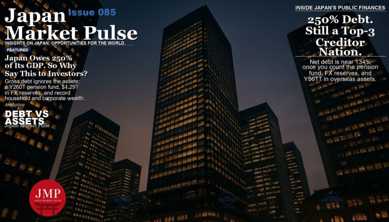 Magazine-style cover image of the Tokyo financial district skyline at dusk with Japan Market Pulse cover text overlaid.
