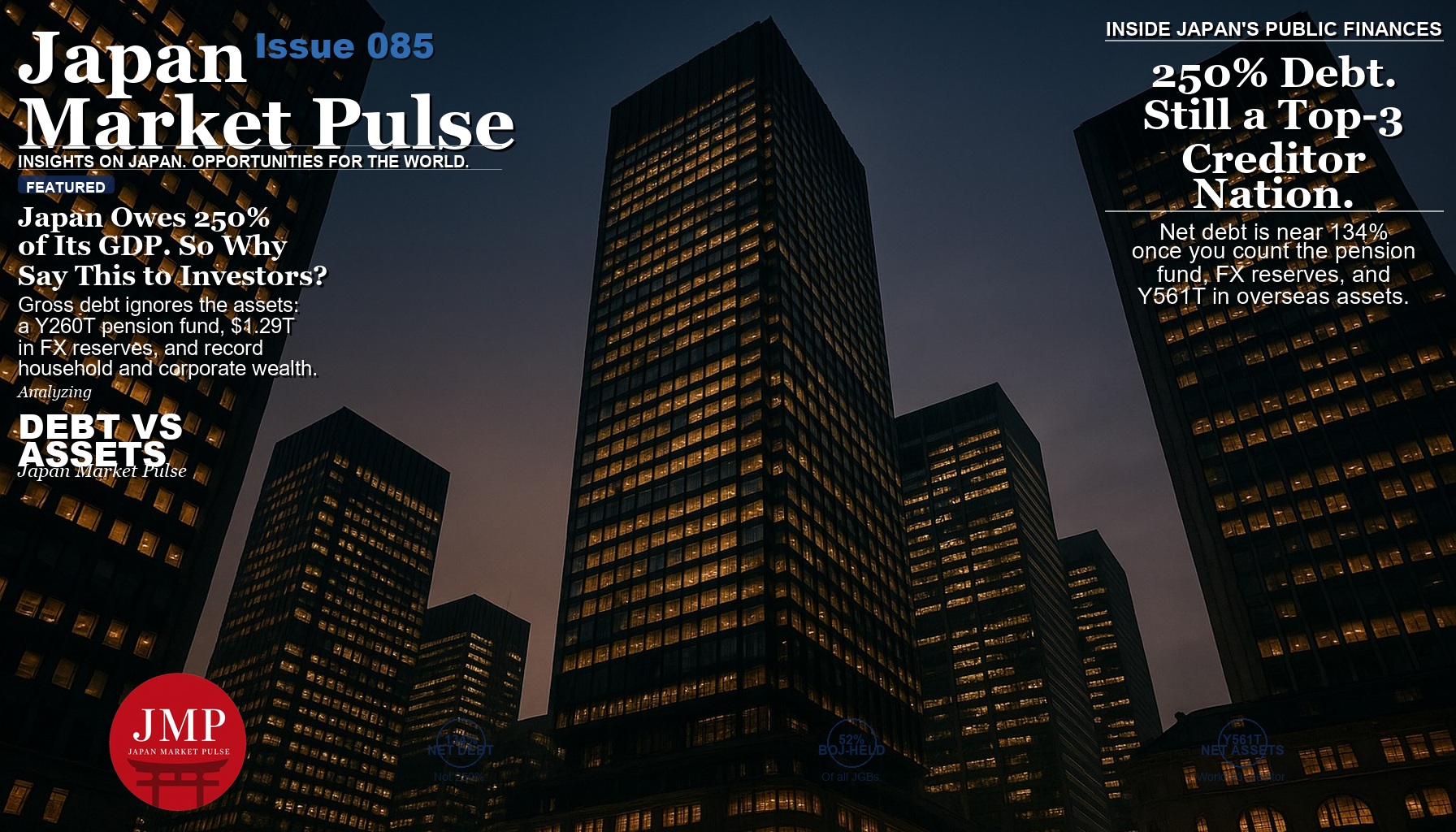 Magazine-style cover image of the Tokyo financial district skyline at dusk with Japan Market Pulse cover text overlaid.