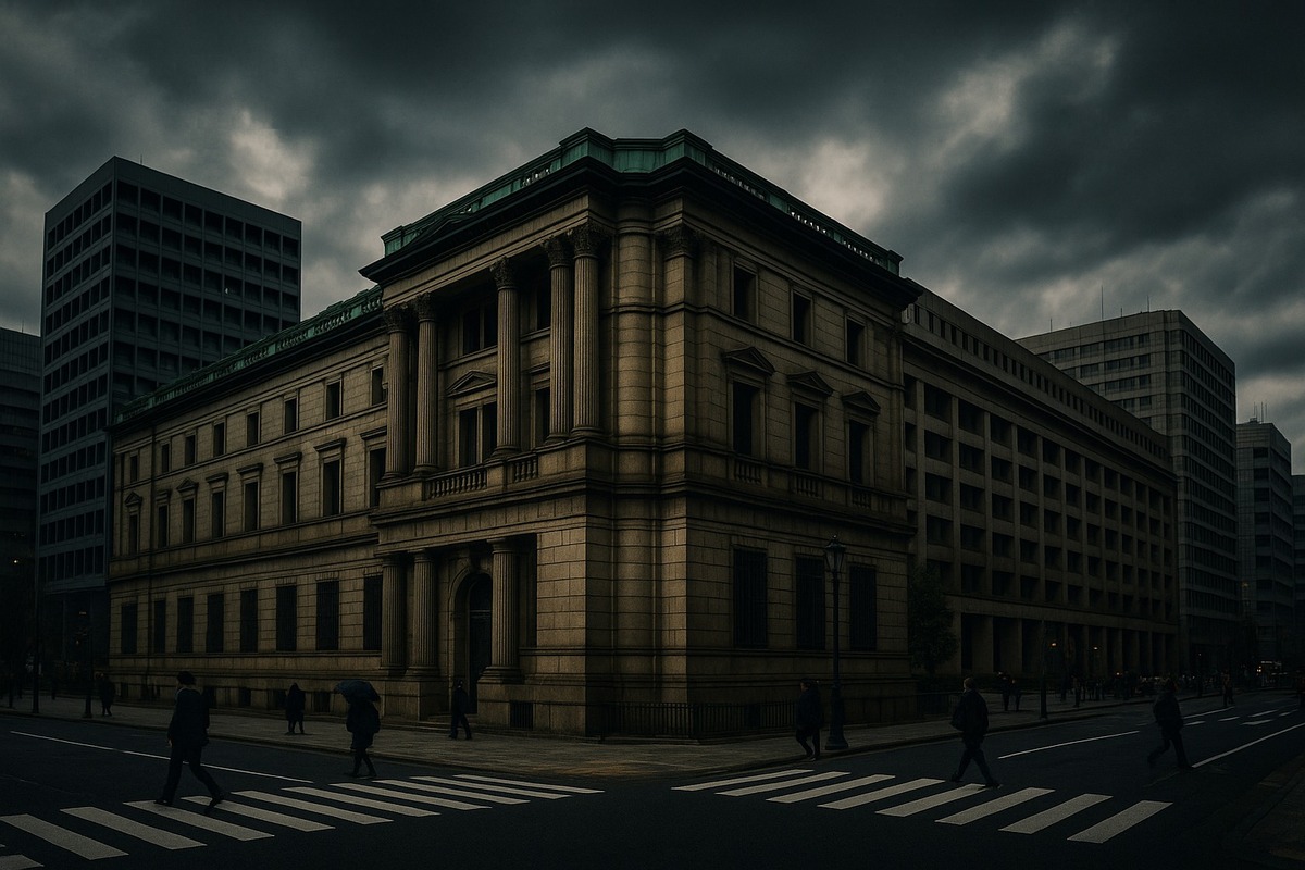 The Bank of Japan headquarters building in Tokyo photographed from street level under an overcast sky.